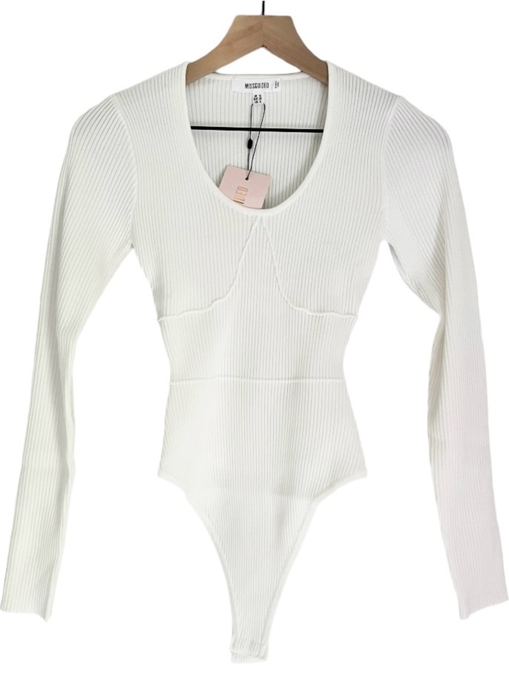NWT Missguided Cupped Scoop Front Long Sleeve Bodysuit in White Women’s Size 6